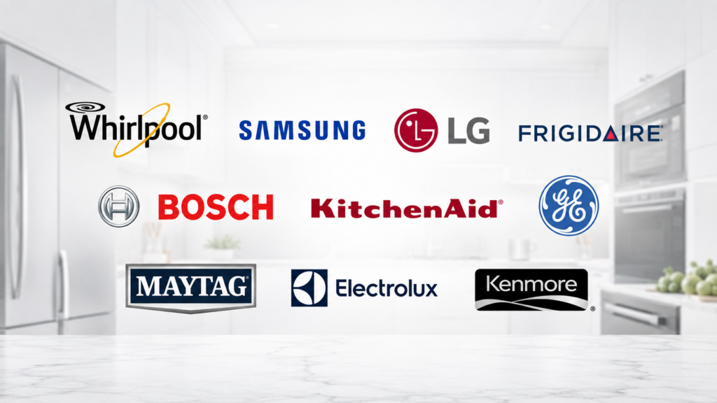 Appliance brands we repair: Whirlpool, Samsung, LG, Frigidaire, Bosch, KitchenAid, GE, Maytag, Electrolux, Kenmore